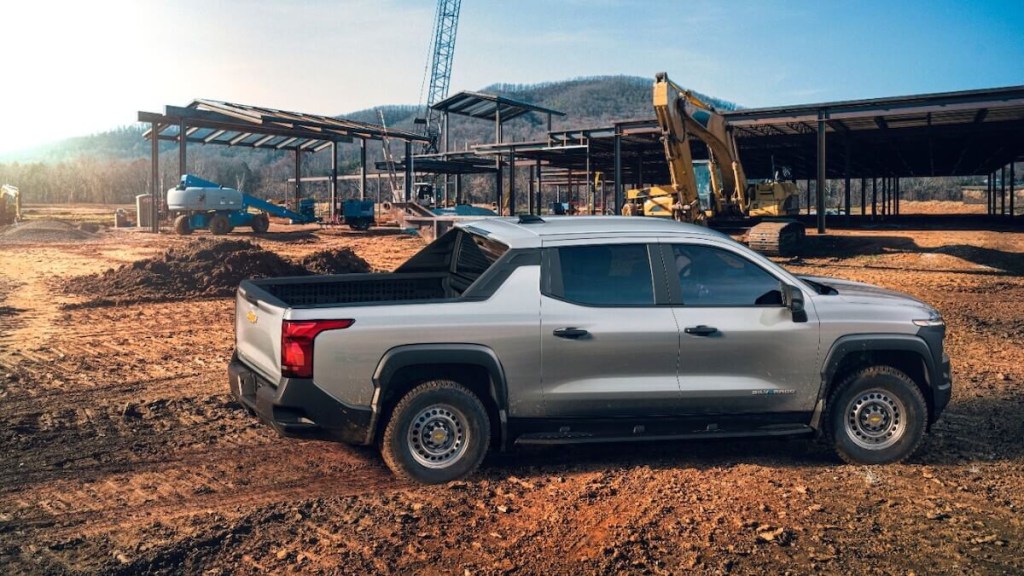 The 2024 Chevy Silverado EV WT in the dirt a a work site