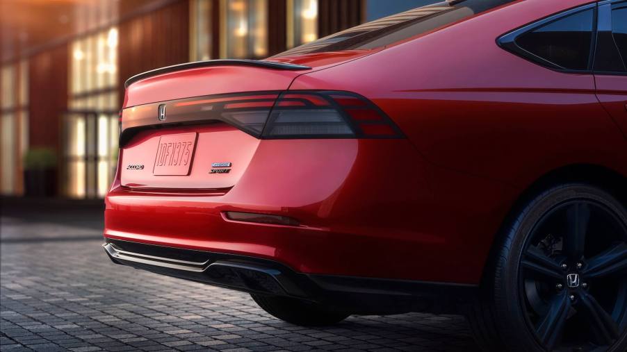 The 2023 Honda Accord rear in red. Among 2023 Honda family cars, the Accord is a premier option.