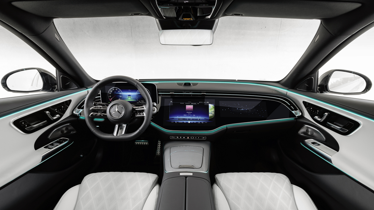 The interior of the E-Class now features a selfie camera and three giant displays. 
