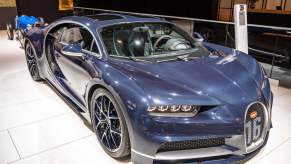 Blue Bugatti Chiron Sport hypercar sports car on display at Brussels Expo