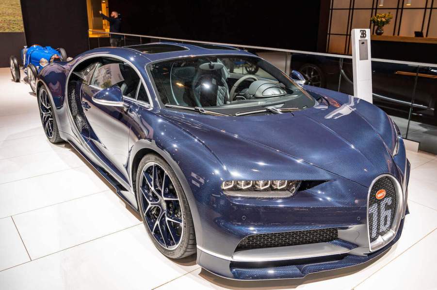 Blue Bugatti Chiron Sport hypercar sports car on display at Brussels Expo