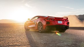 A C8 Chevrolet Corvette Stingray in the desert shows off its rear-end styling that makes it look like its speeding while stationary.