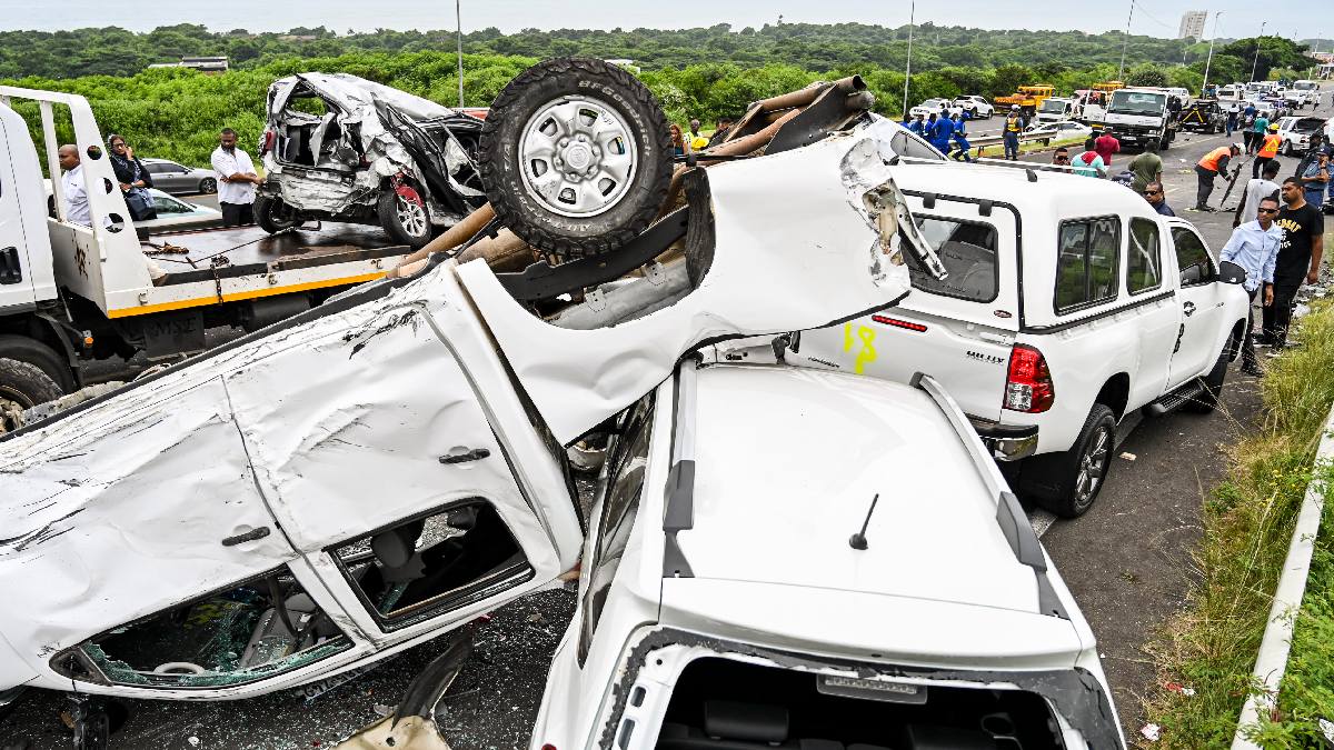 Car crash with vehicles piled-up, showing tailgating is traffic law drivers break and kills many people