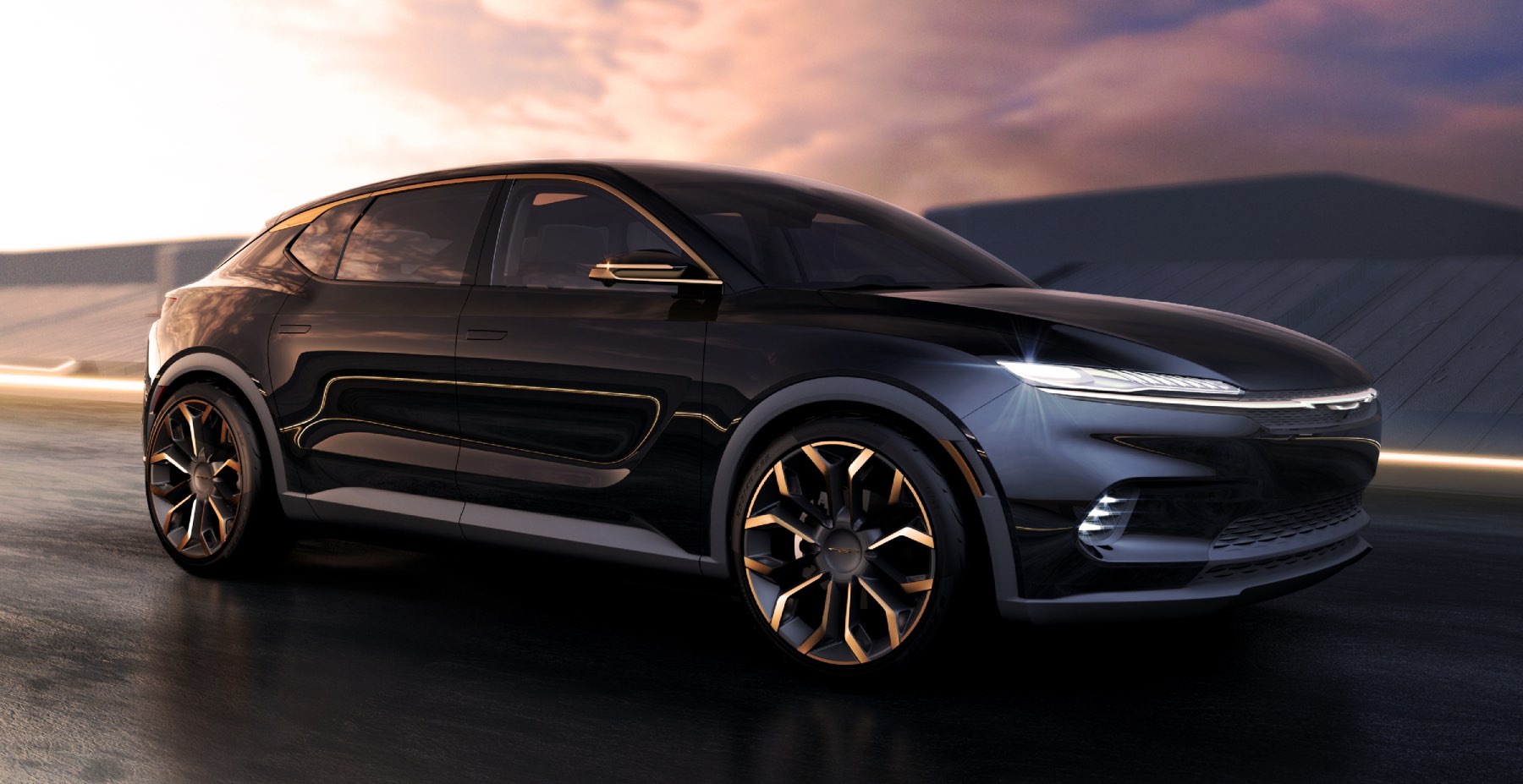 The Chrysler Airflow EV concept drives at twilight in this rendering.