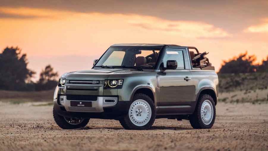 The Heritage Customs Valiance Convertible is a Land Rover Defender conversion.