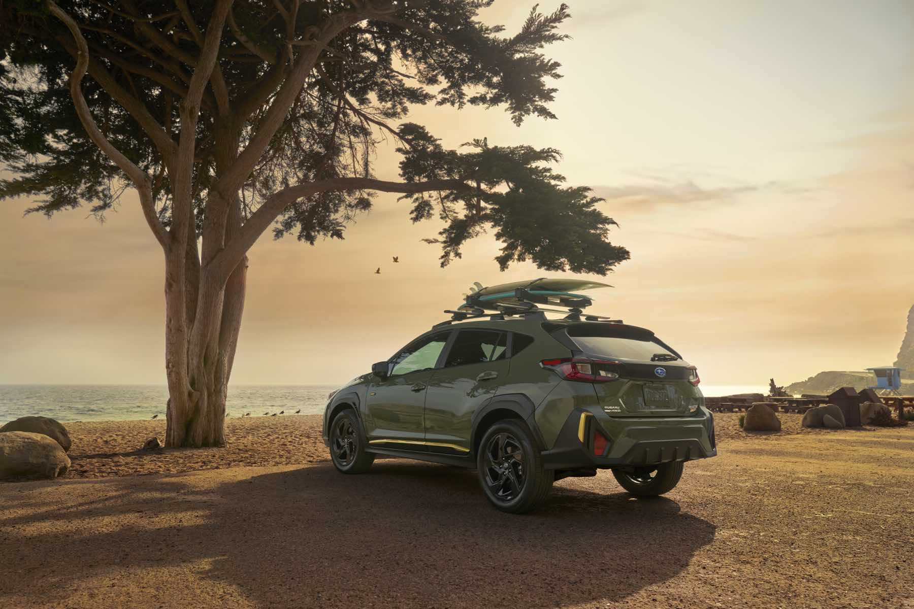 The 2024 Subaru Crosstrek faces away from the viewer overlooking the ocean at sunset with a tree in the foreground.