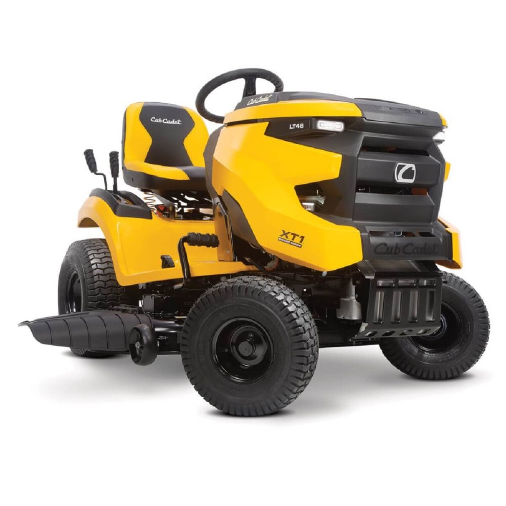 A Cub Cadet XT1 Enduro LT riding lawn mower shows off its front-end styling. 