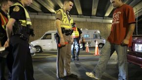 Police offers give a field sobriety test at a DUI checkpoint.