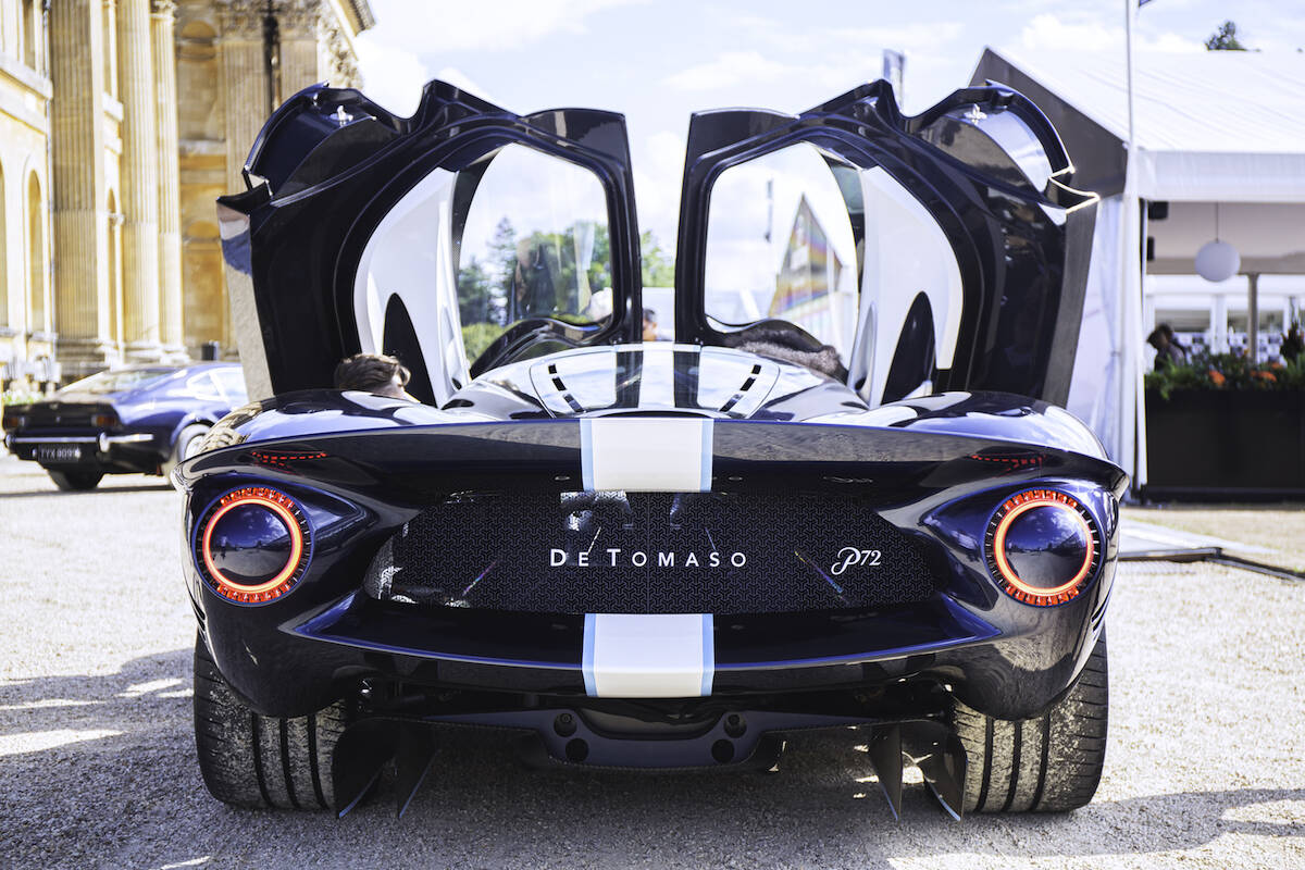 A De Tomaso P72 from behind with the doors up.