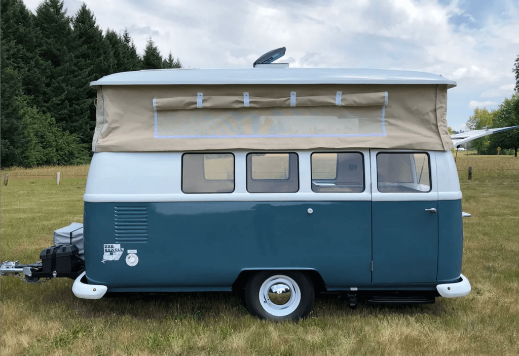 Blue and white Dub Box mini-camper side view