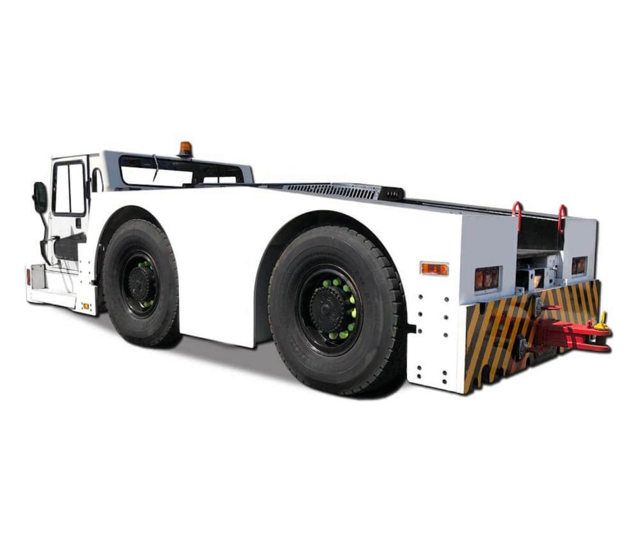 A large aircraft tug truck with tall, heavy-duty tires, on a white background.