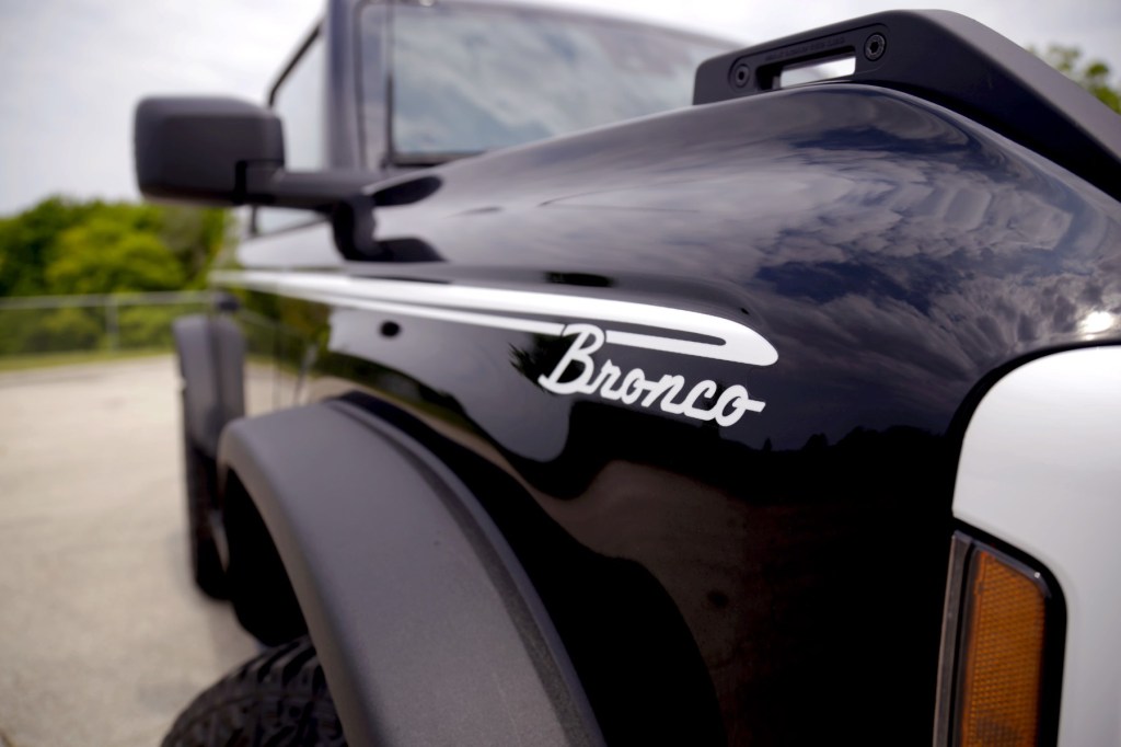 Close up view 2023 Ford Bronco Heritage Edition badging. 