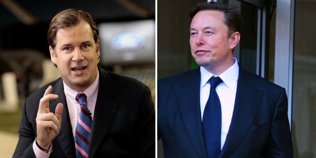 Ford Motor Company CEO Jim Farley is on the left. Tesla CEO Elon Musk is on the right. 