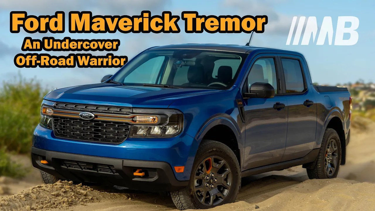 Blue Ford Maverick Tremor Parked in Sand during off-road testing for MotorBiscuit video