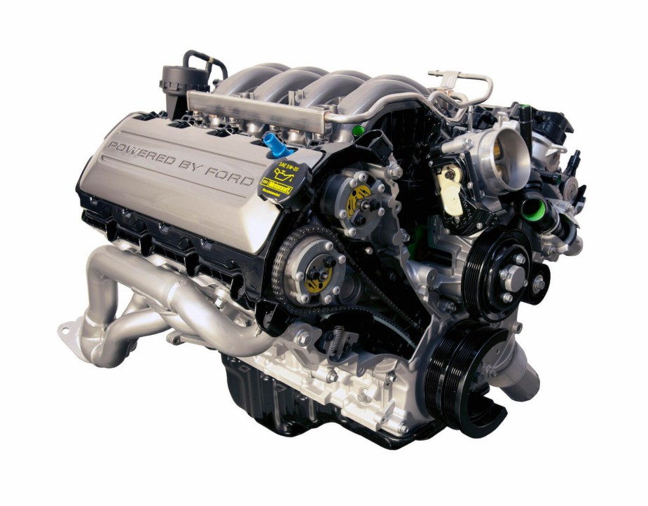 Photo of the Ford Mustang/F-150's 5.0-liter "Coyote" V8 engine which is made in Canada, not the U.S.A.