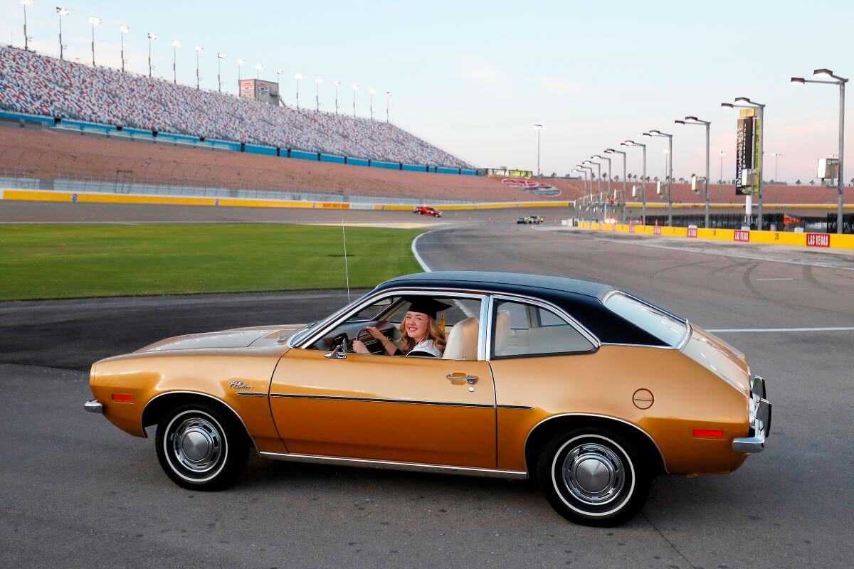 A Ford Pinto, named after a horse breed, compact car driven by Emma Mathes on the Las Vegas Motor Speedway