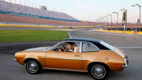 A Ford Pinto, named after a horse breed, compact car driven by Emma Mathes on the Las Vegas Motor Speedway