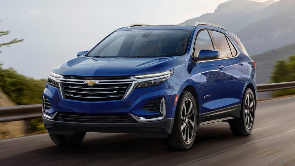 Front angle view of blue 2022 Chevy Equinox, showing that cheap used cars costing under $20K are rare