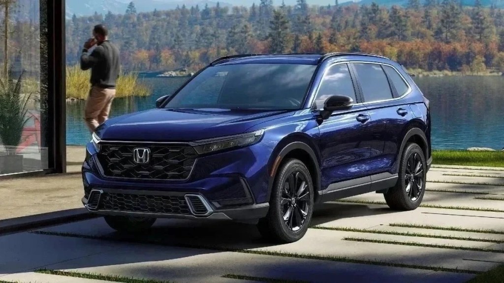 Front angle view of blue 2023 Honda CR-V compact crossover SUV