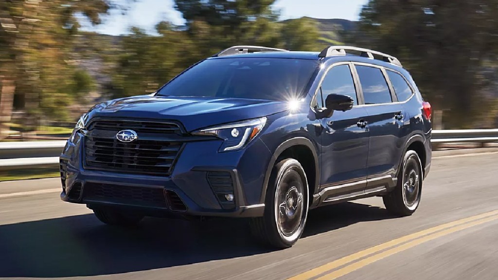 Front angle view of blue 2023 Subaru Ascent midsize SUV