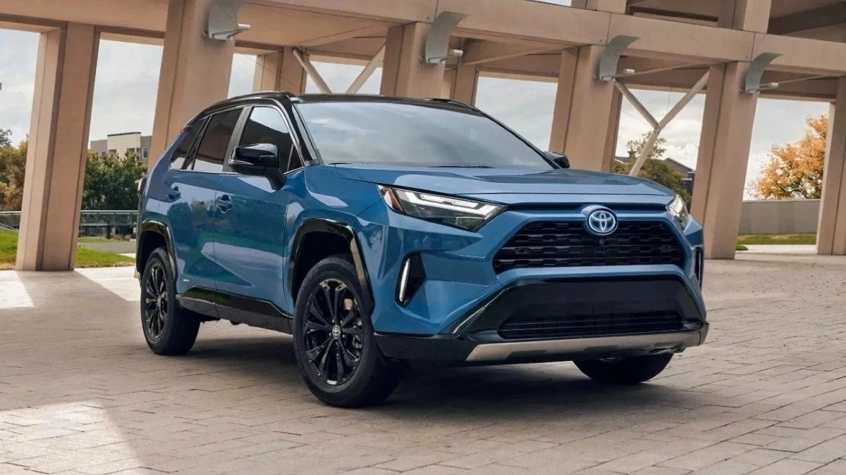 Front angle view of blue 2023 Toyota RAV4 compact SUV