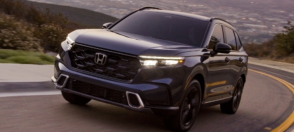 Front angle view of dark blue 2023 Honda CR-V compact SUV