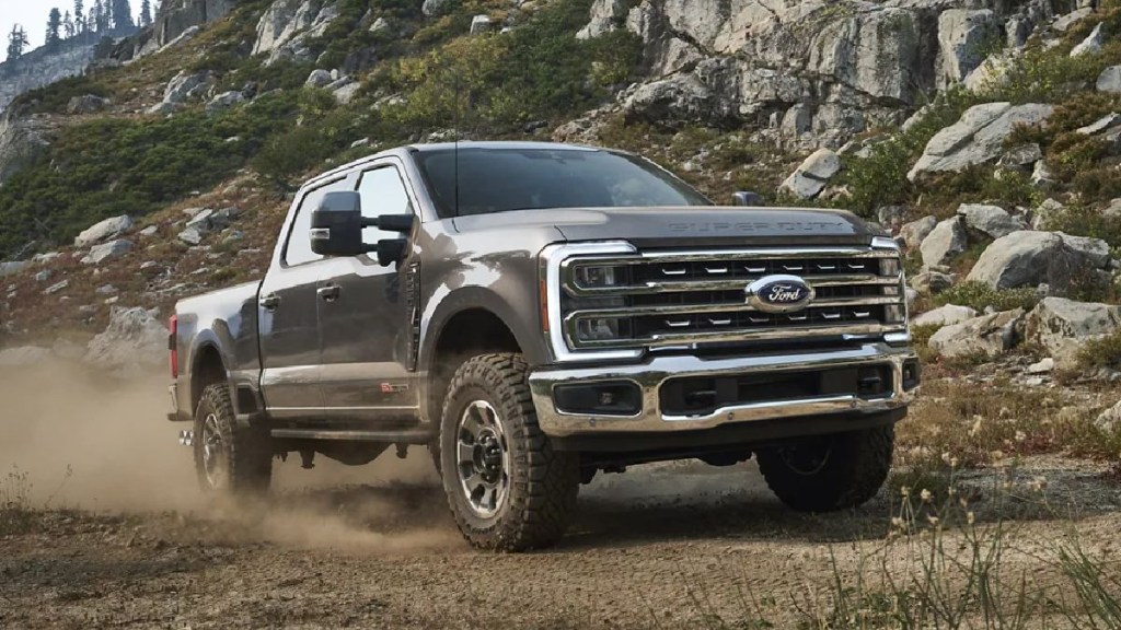 Front angle view of gray 2023 Ford F-350 Super Duty, longest-lasting pickup truck, not Toyota, Chevy, or Ram
