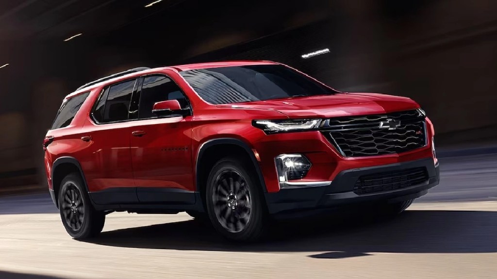 Front angle view of red 2023 Chevy Traverse
