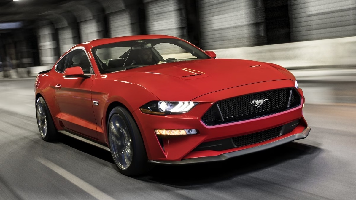 Front angle view of red 2023 Ford Mustang