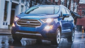 Front view of blue 2022 Ford EcoSport subcompact, one of the cheapest new SUVs that was killed