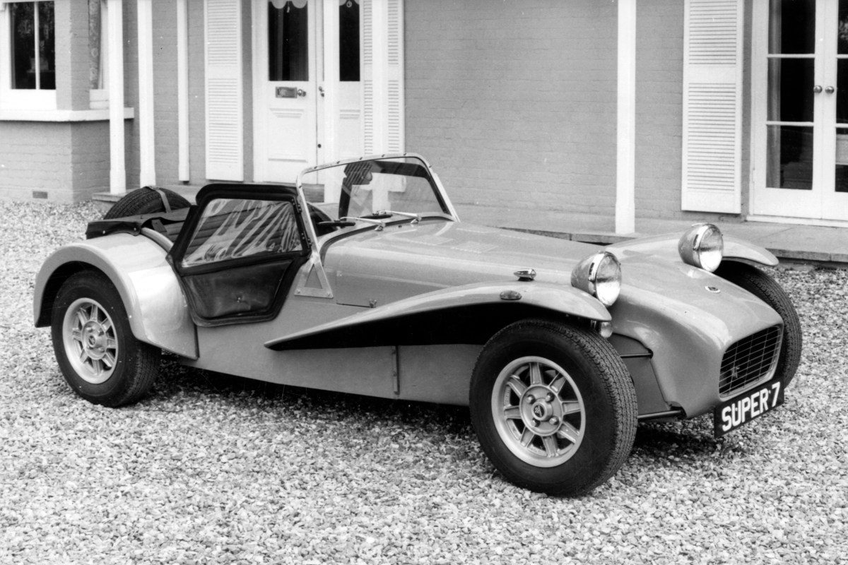 a 1975 Caterham in a black and white picture