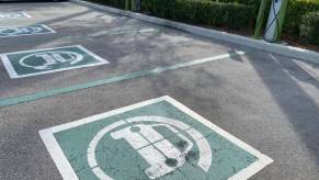 Parking spots for electric cars at a grocery store.