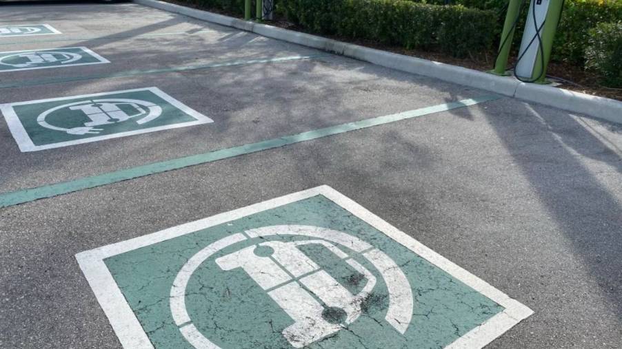 Parking spots for electric cars at a grocery store.