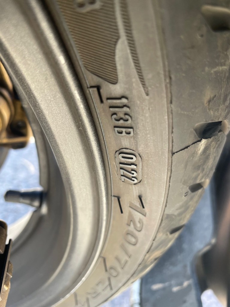 Tires on a Honda CBR929rr showing the date code