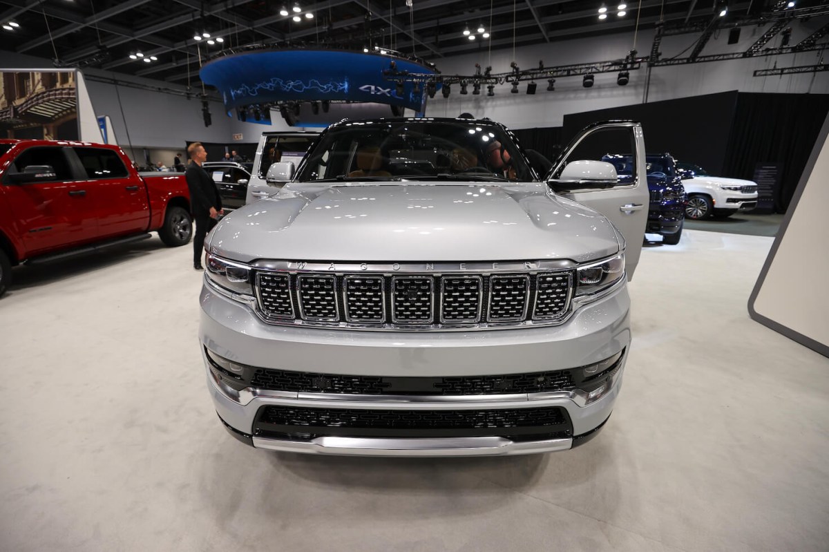 A silver Jeep Wagoneer is seen on display at the International Auto Show at the Jacob Javits Convention Center