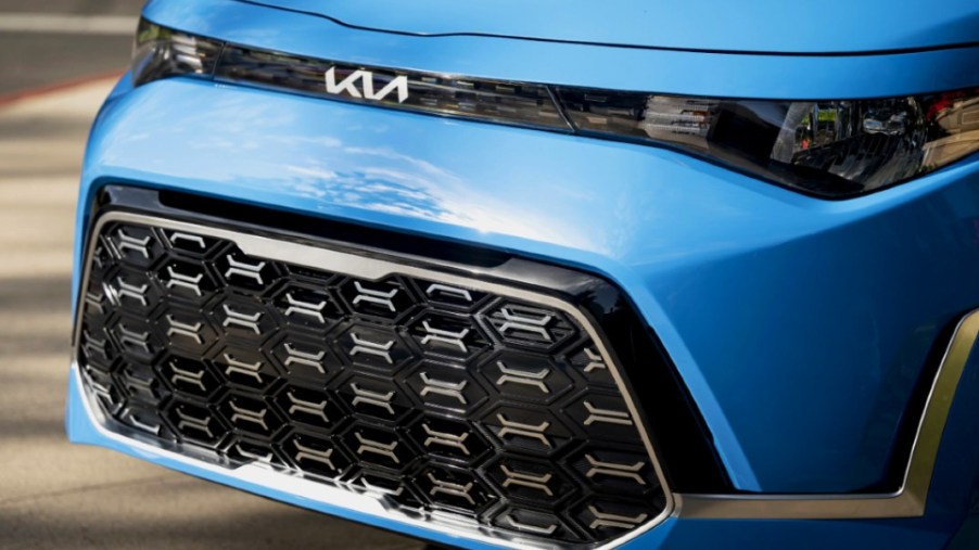 The front of a blue 2023 Kia Soul subcompact SUV.