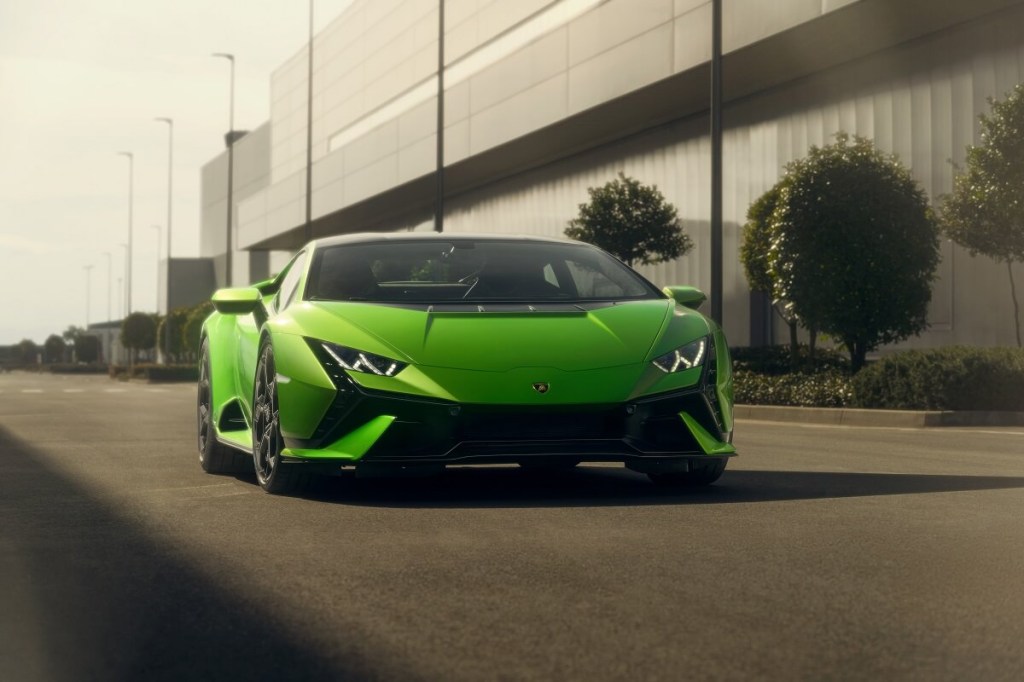 A new Lamborghini Huracán Tecnica, one of the Volkswagen Group's newest supercars, shows off its front-end styling. 