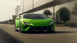 A new Lamborghini Huracán Tecnica, one of the Volkswagen Group's newest supercars, shows off its front-end styling.