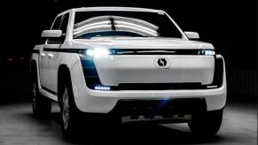 White Lordstown Endurance EV truck front 3/4 view
