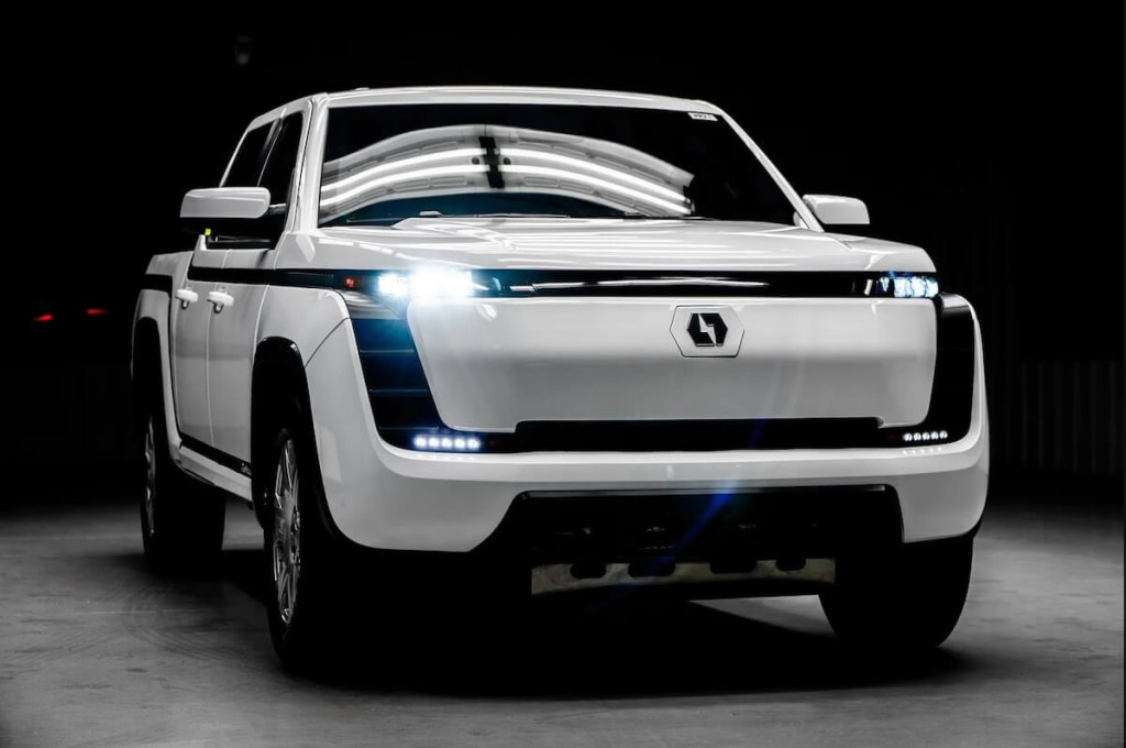 White Lordstown Endurance EV truck front 3/4 view
