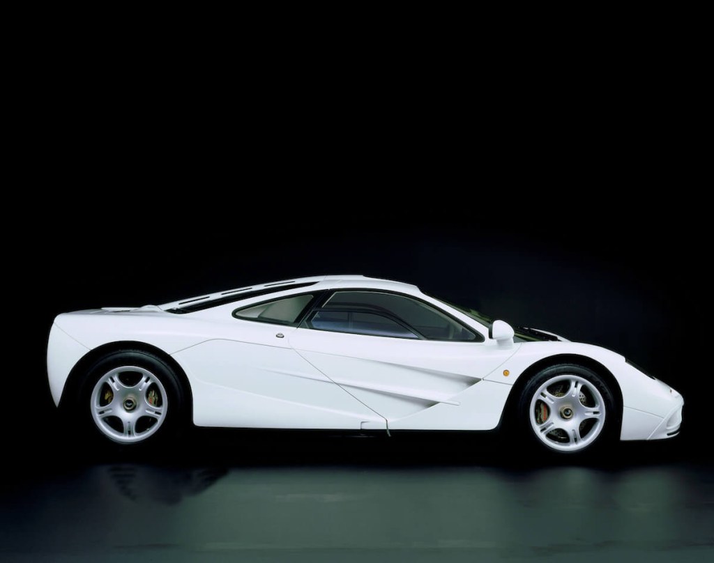 A white McLaren F1 shot from the side
