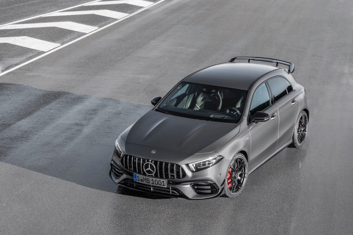 A top-down view of a gray Mercedes-AMG A 45 S on a track.