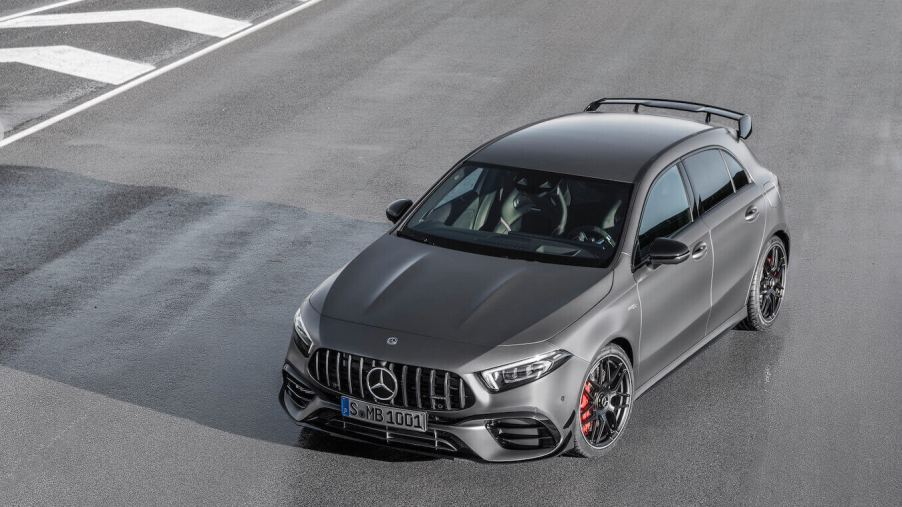 A top-down view of a gray Mercedes-AMG A 45 S on a track.