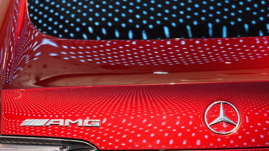 A red 2017 Mercedes-AMG GT Concept logo seen displayed at the Mercedes-Benz Museum.