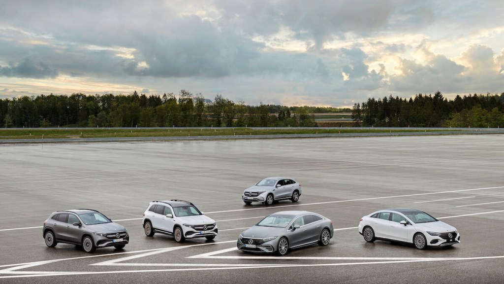 Mercedes-Benz EV lineup parked on an airstrip