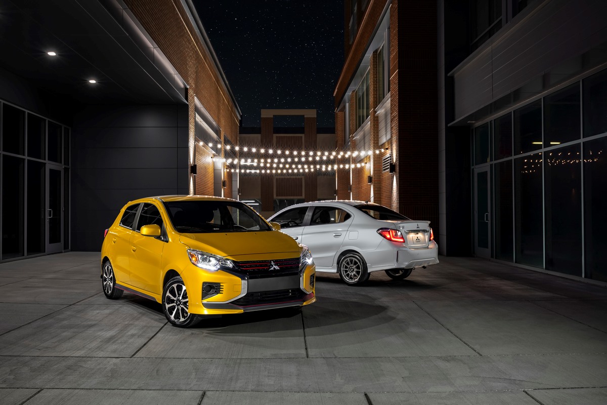 Two 2023 Mitsubishi Mirage models, including the sedan which is one of the most fuel-efficient non-hybrid cars of 2023.