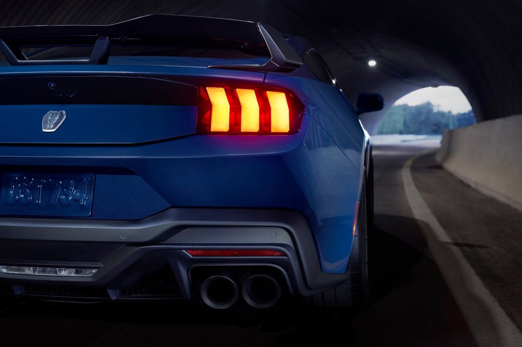 A new Mustang Dark Horse shows off its rear-end styling.