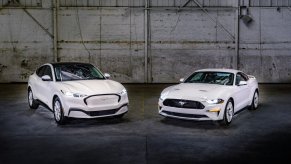 A white set of 2023 Ford Mustang models, the GT and Mach-E, pose in a hangar.