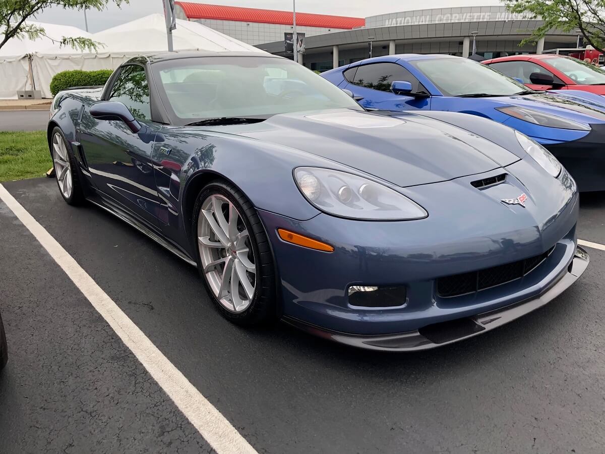 A C6 Corvette ZR1 shows off its blue paintwork at the National Corvette Museum. 