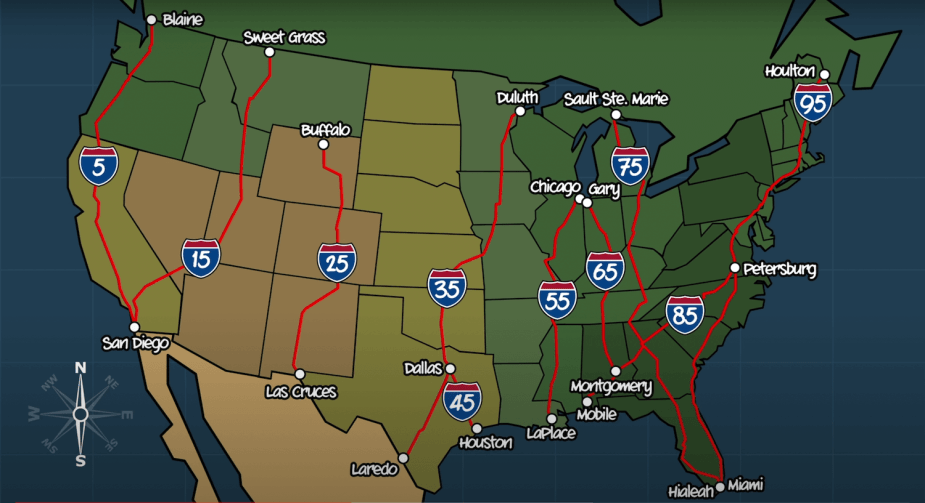 Map of all the major north-south divided highways in the USA interstate system.